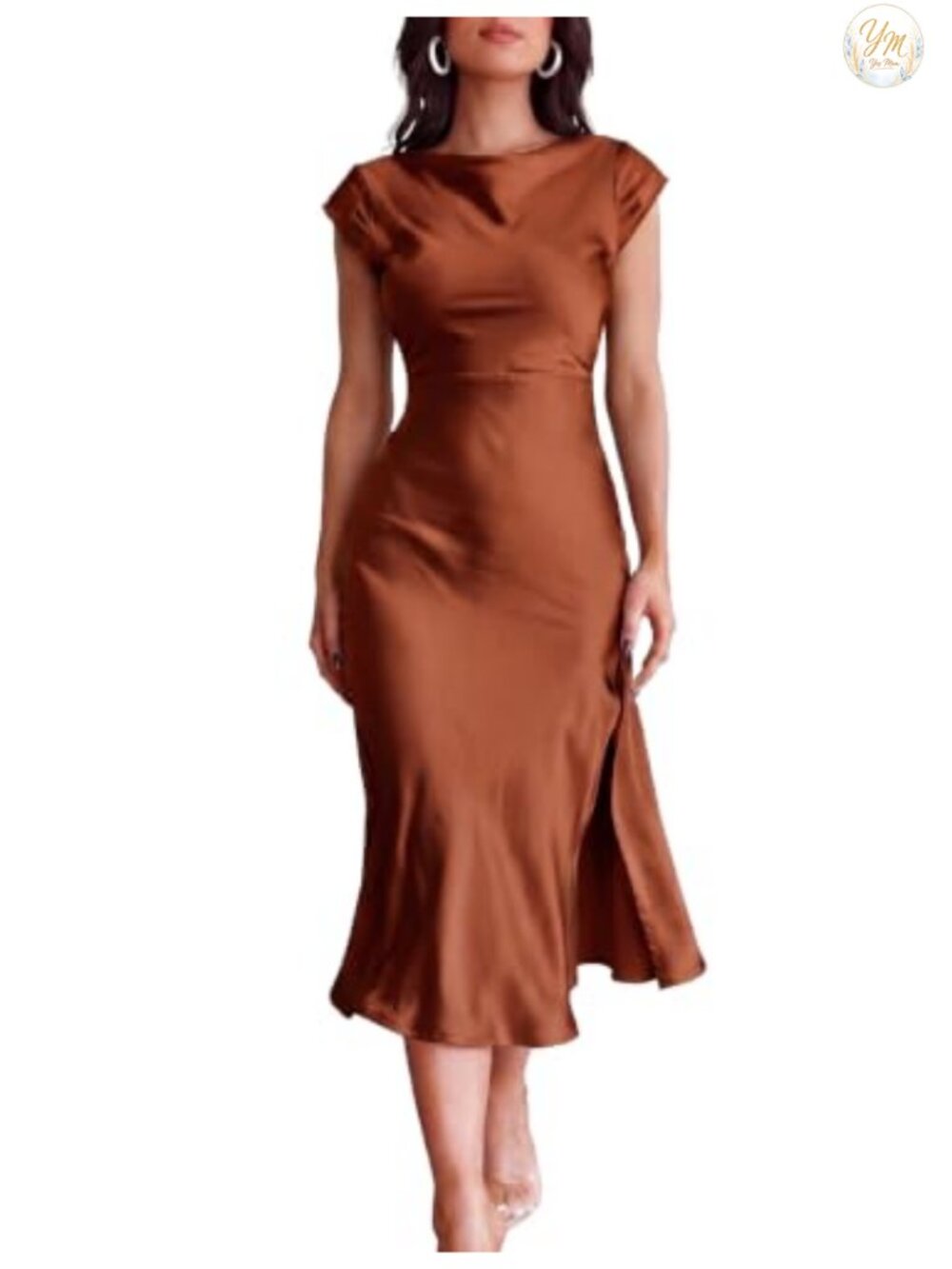 Satin Cowl Neck Cap Sleeve Midi Dress Backless Formal Cocktail